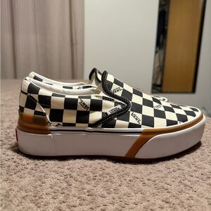Vans Black and White Checkerboard Slip-Ons with Gum Accent